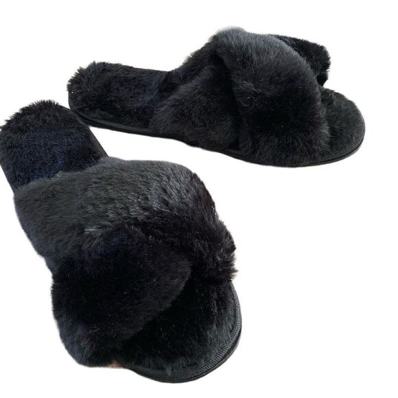 Faux Fur Hard Bottom Slippers Slides Animal Furry Fuzzy Lounge Loungewear - Picture 1 of 6